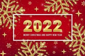 2022 merry christmas happy new year greeting card design with golden date numbers gold glitter snowflakes shiny stars red background vector illustration web xmas banner email flyer